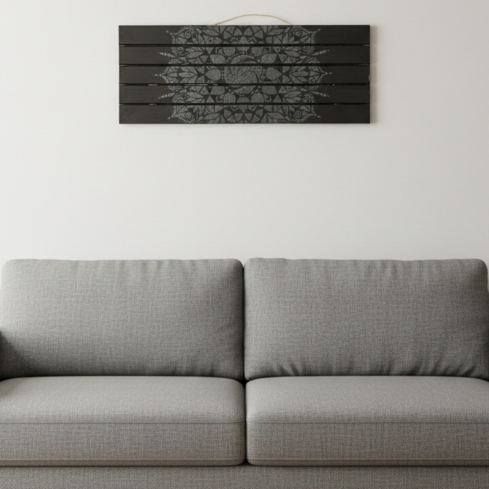 HANDCRAFTED Upcycled Black Wood Panel Board HANDPAINTED Mandala Wall Art Decor